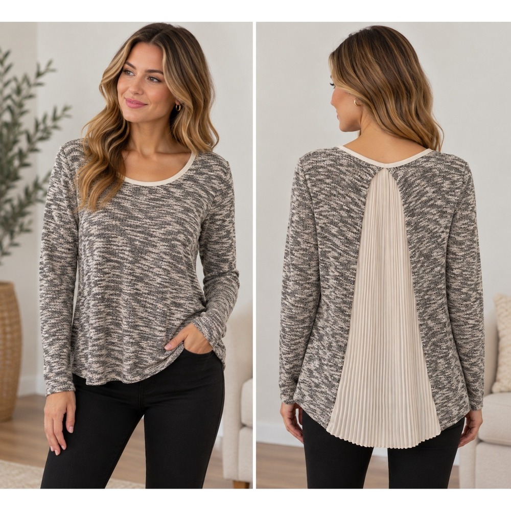 Green Envelope Los Angeles Marled Knit Pleated Back Sweater Grey Cream Small